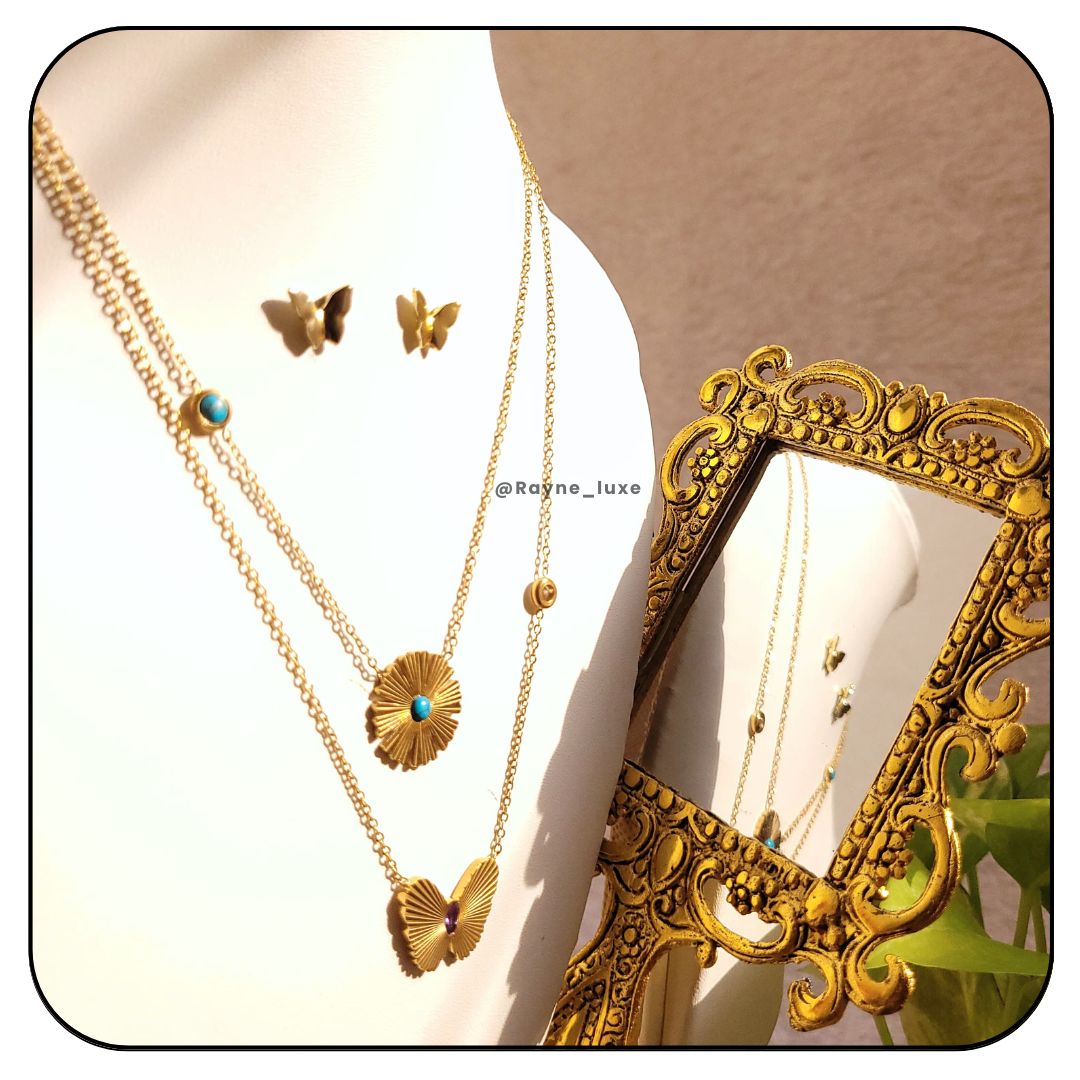 Radiant Double chain Butterfly gemstone Necklace Set