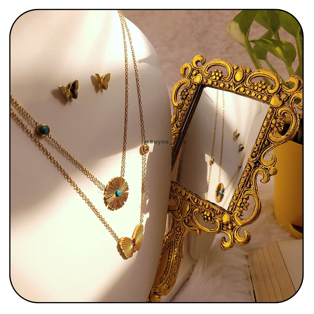 Radiant Double chain Butterfly gemstone Necklace Set