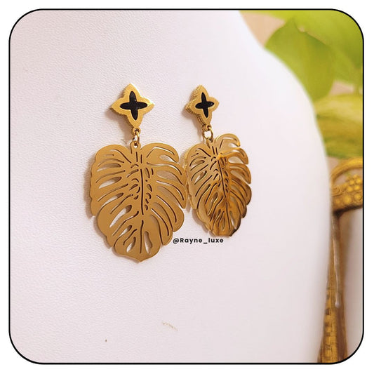 Golden Luxe Premium Monstera Leaf Statement Earrings – Tropical Elegance Redefined