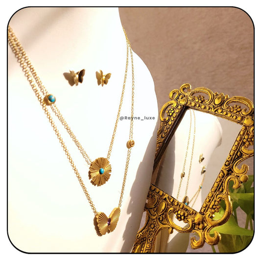 Radiant Double chain Butterfly gemstone Necklace Set