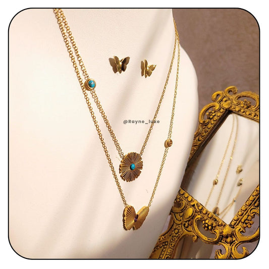 Radiant Double chain Butterfly gemstone Necklace Set